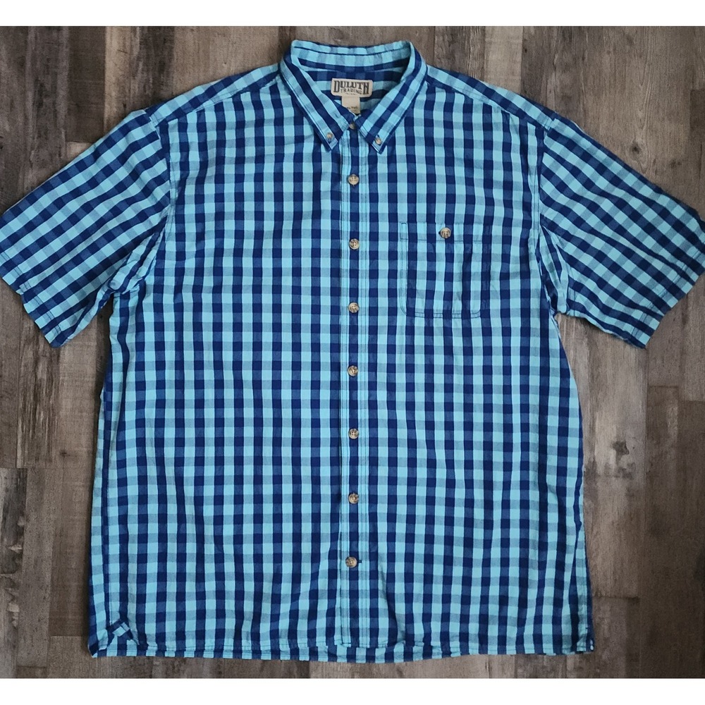Duluth Trading Button Down Shirt Mens 2XL Tall Blue Gingham Short Sleeve Cotton